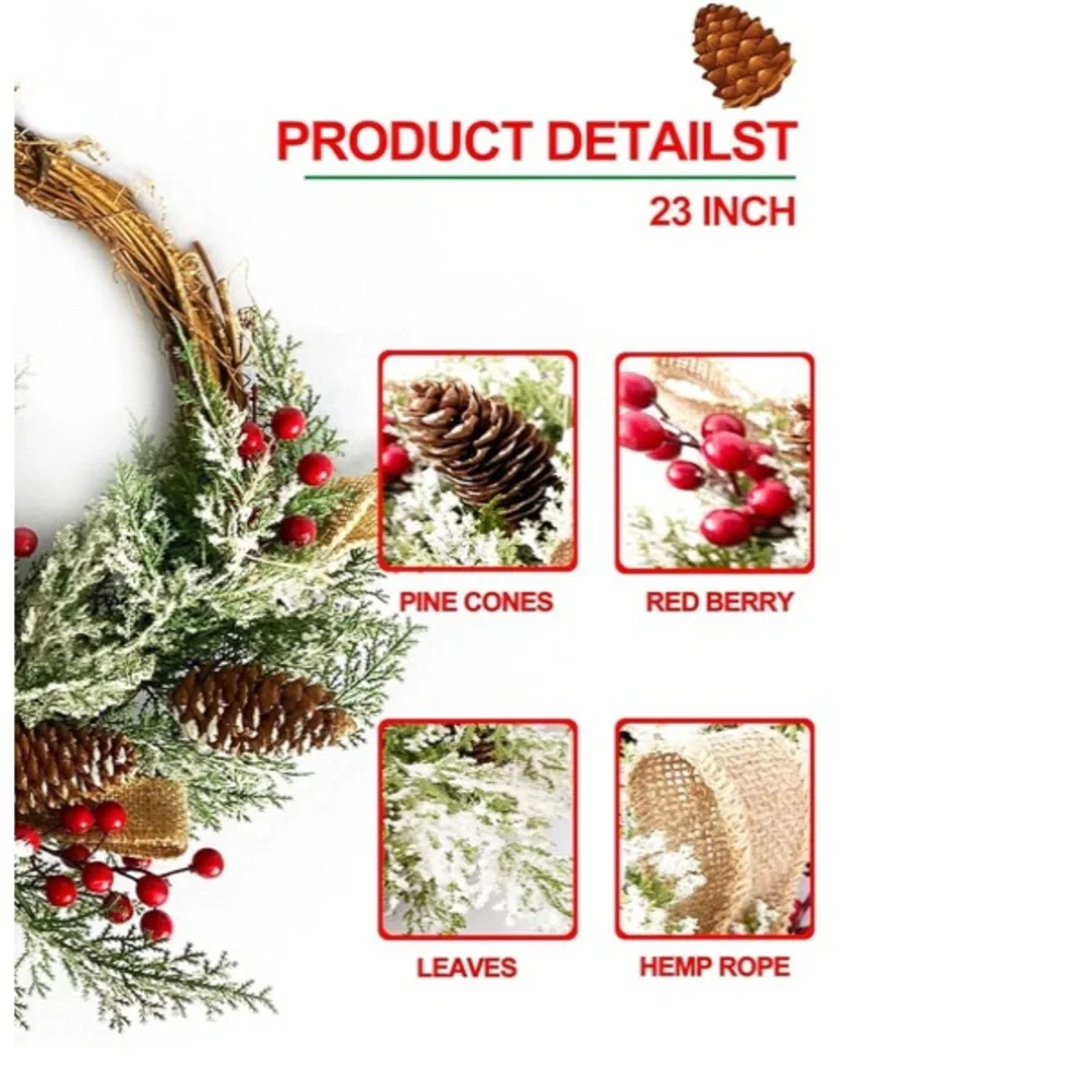 Festive Holiday Wreath with Red Berries, Pinecones and Artificial Snow
